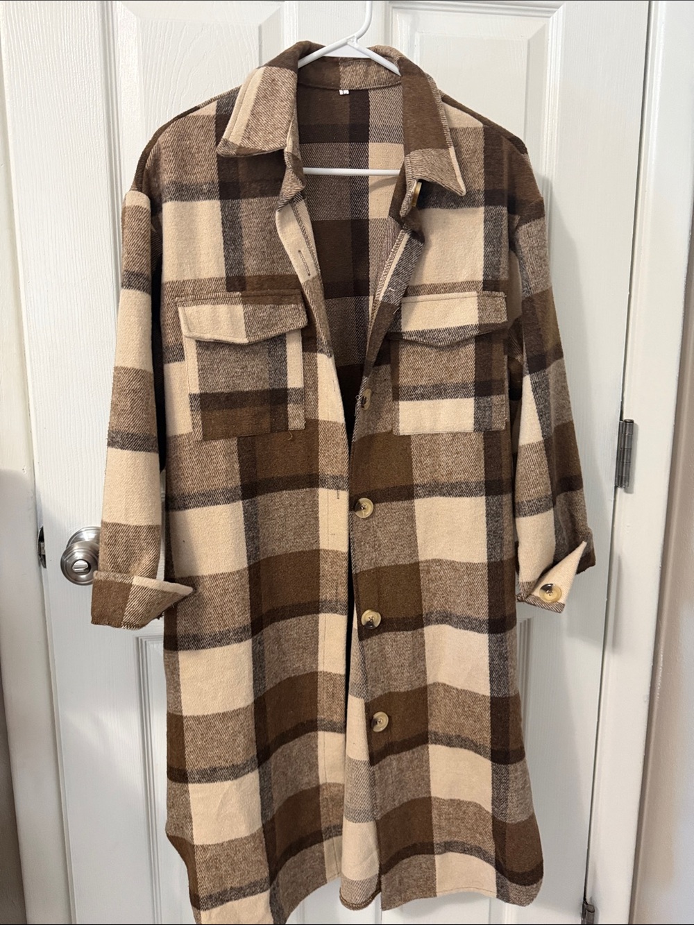 Brown Cream Plaid Long Button lightweight shacket